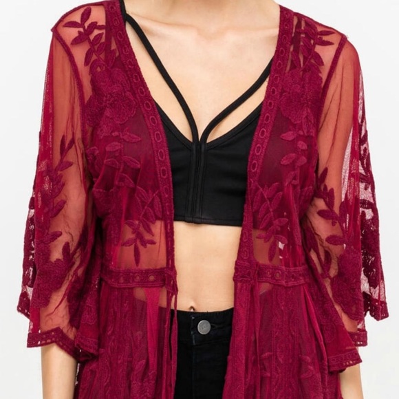 Burgundy lace embroidered duster kimono - Picture 6 of 6
